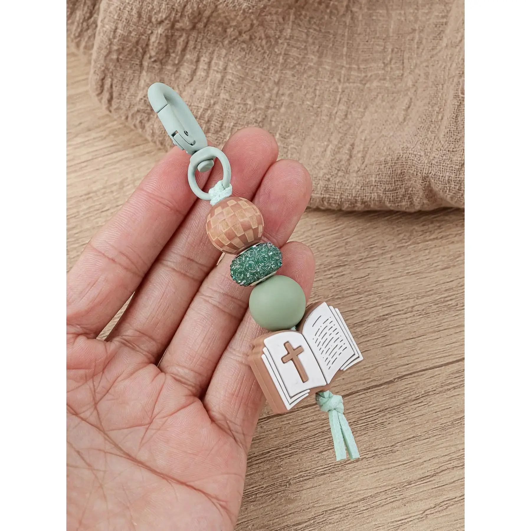 Christian Cross Motif Beaded Charm Wristlet Keyring, Religious Boho Luggage & Bag Accessory, Mother’s Gift, 1 Count