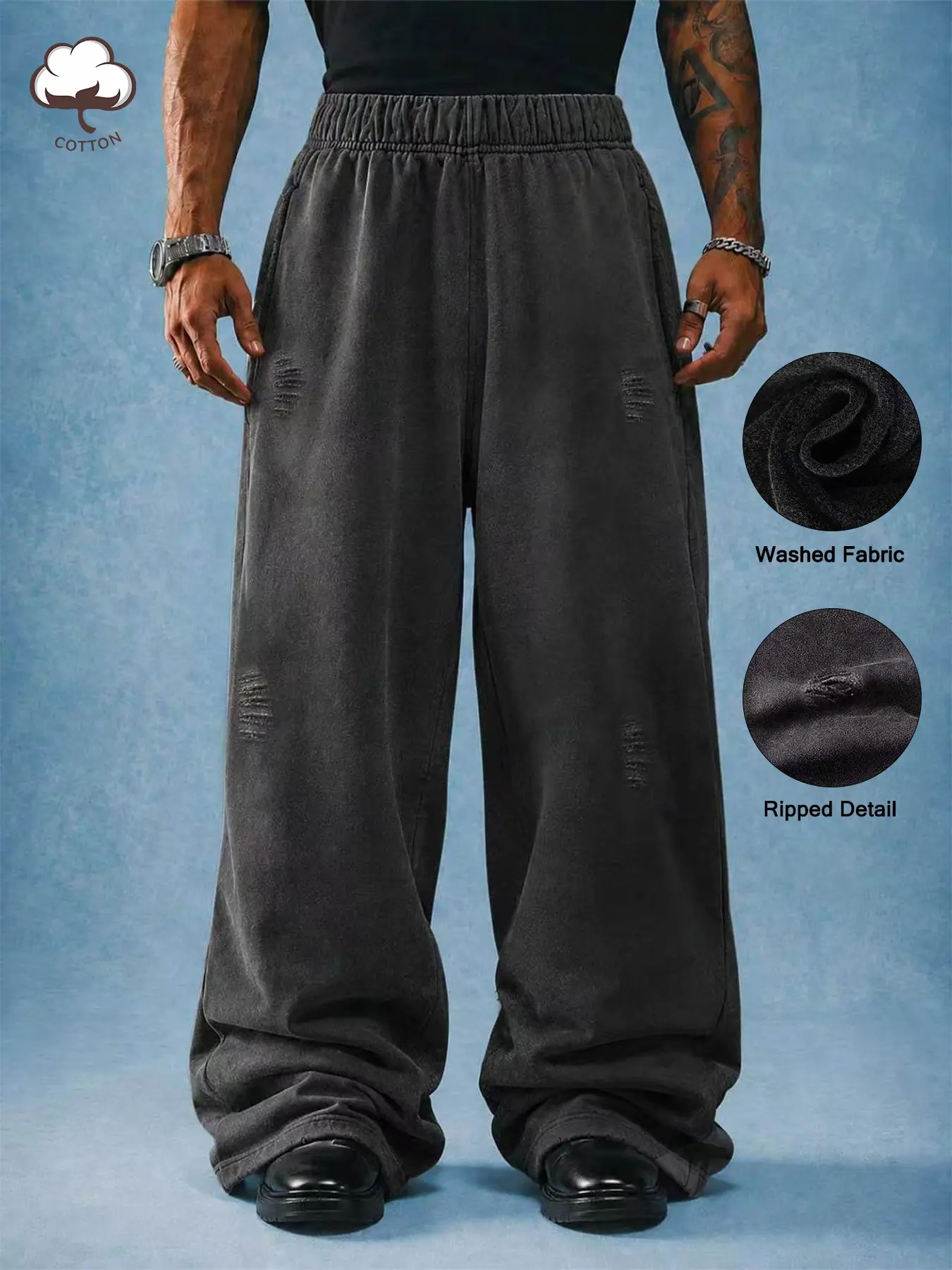 Men's Washed Distressed Wide Leg Sweatpants, Ripped Detail Elastic Drawstring Regular Fit Trousers, For Causal Street Wear
