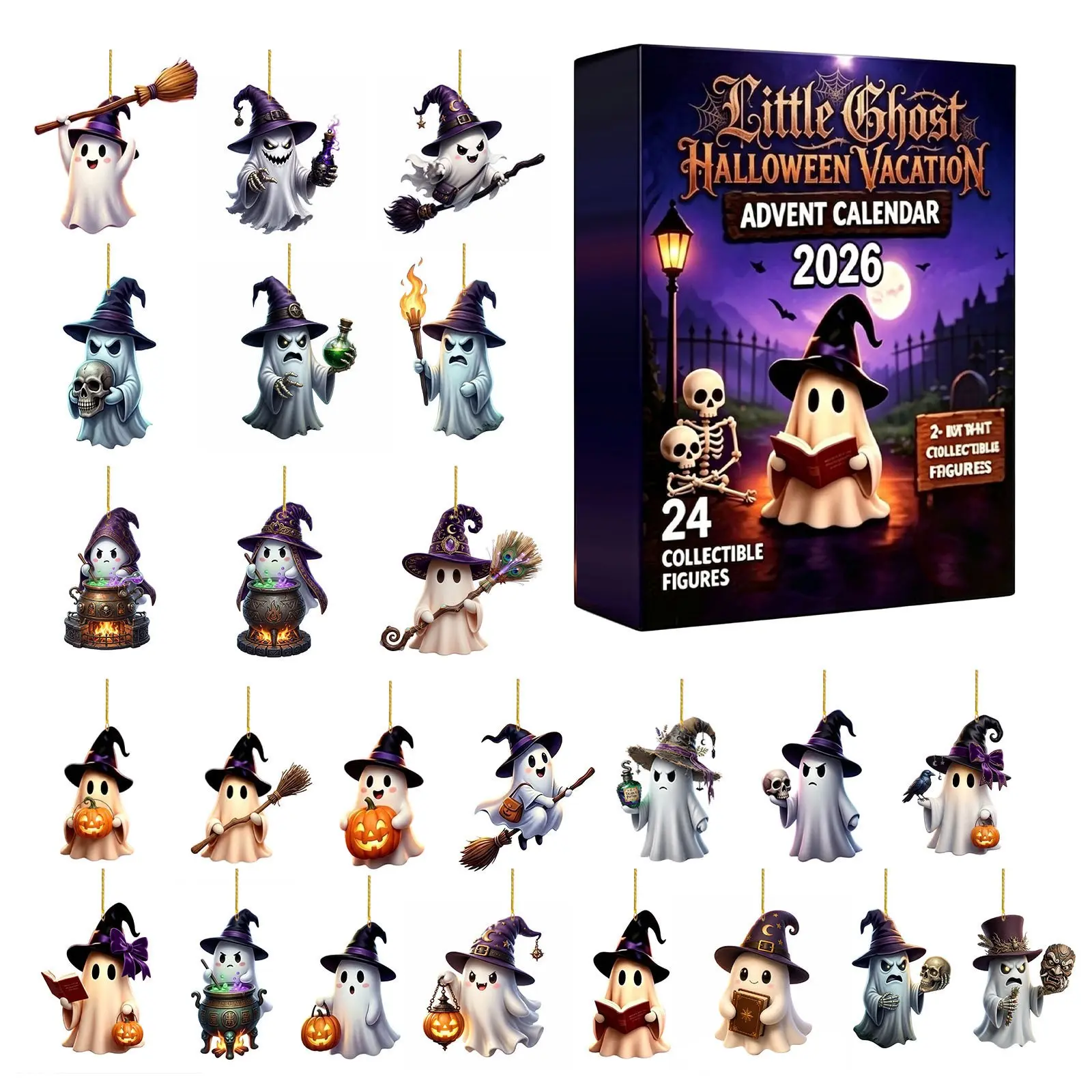 2026 Halloween Little Ghost Advent Calendar, 24 Pcs Collectible Mini Ghost Ornaments, Halloween Countdown Blind Box Gift Set for Kids