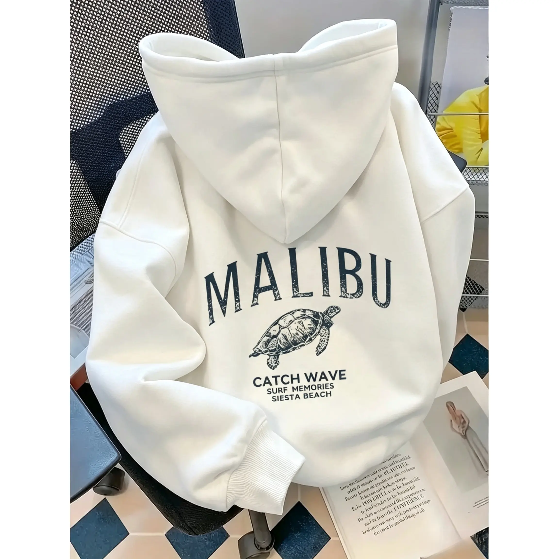 Unisex Retro Graphic Hoodie, Soft Cotton Fleece Sweatshirt with an Adjustable Hood and Malibu Turtle Print, Lightweight for Matching Outfits, Linen, Comfortable, Fuzzy, Loose