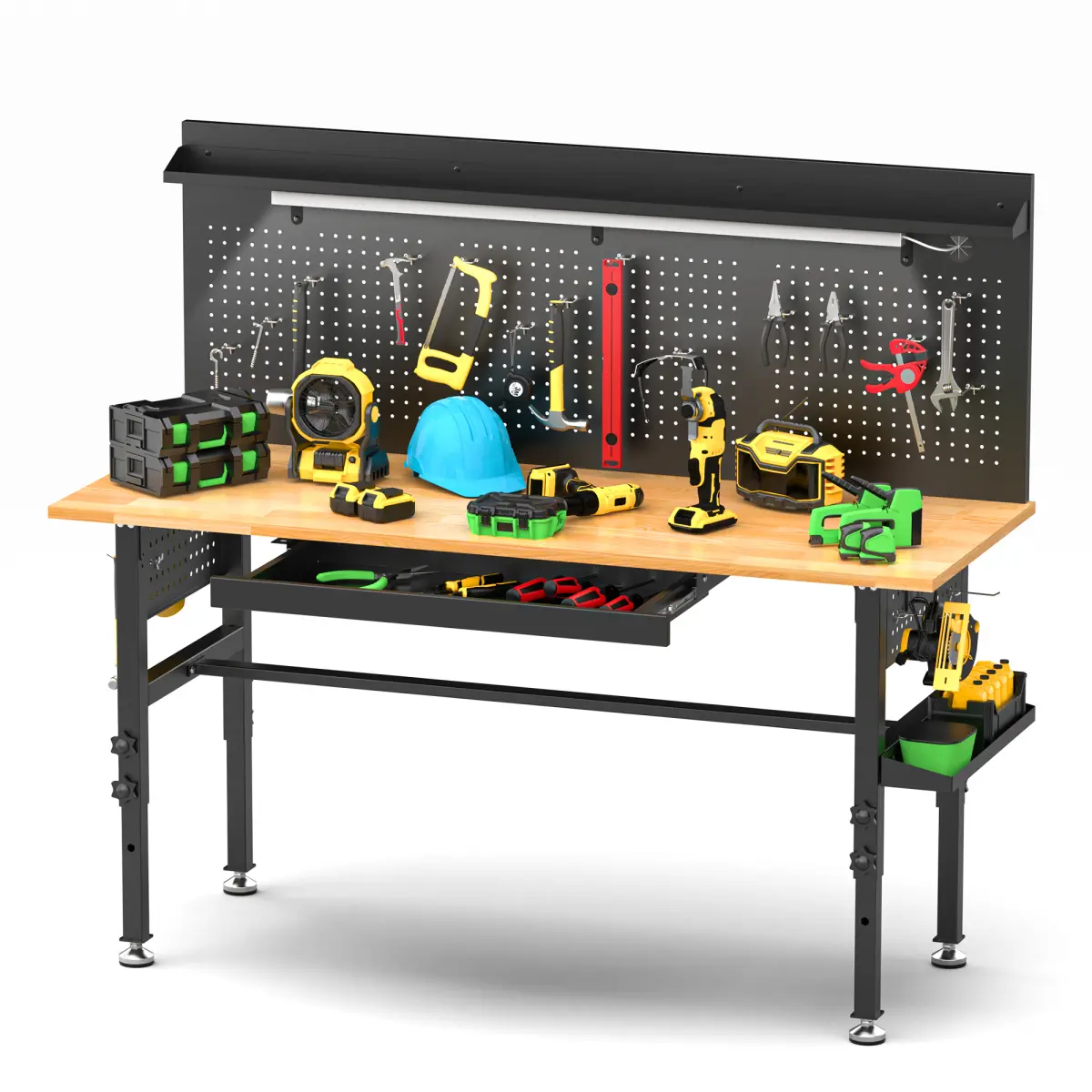 60-in Solid Wood Top Workbench with Drawers - 2000 lbs Capacity Adjustable Height Garage Tool Table, Power Outlet, LED Light, Wheels or Leveling Ft