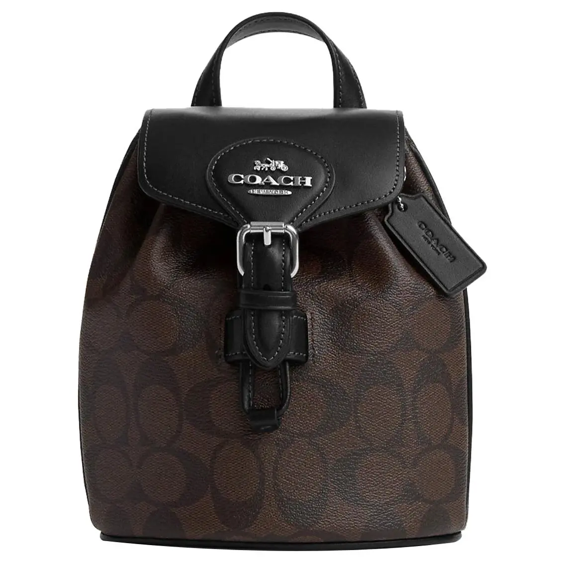 Coach Amelia 16 Backpack for Women – Silver Logo, Snap-Flap Closure, Interior Zip Pocket, Classic Monogram Canvas with Smooth Leather, Small Black and Brown Verifiable, with credentials and supporting global authentication