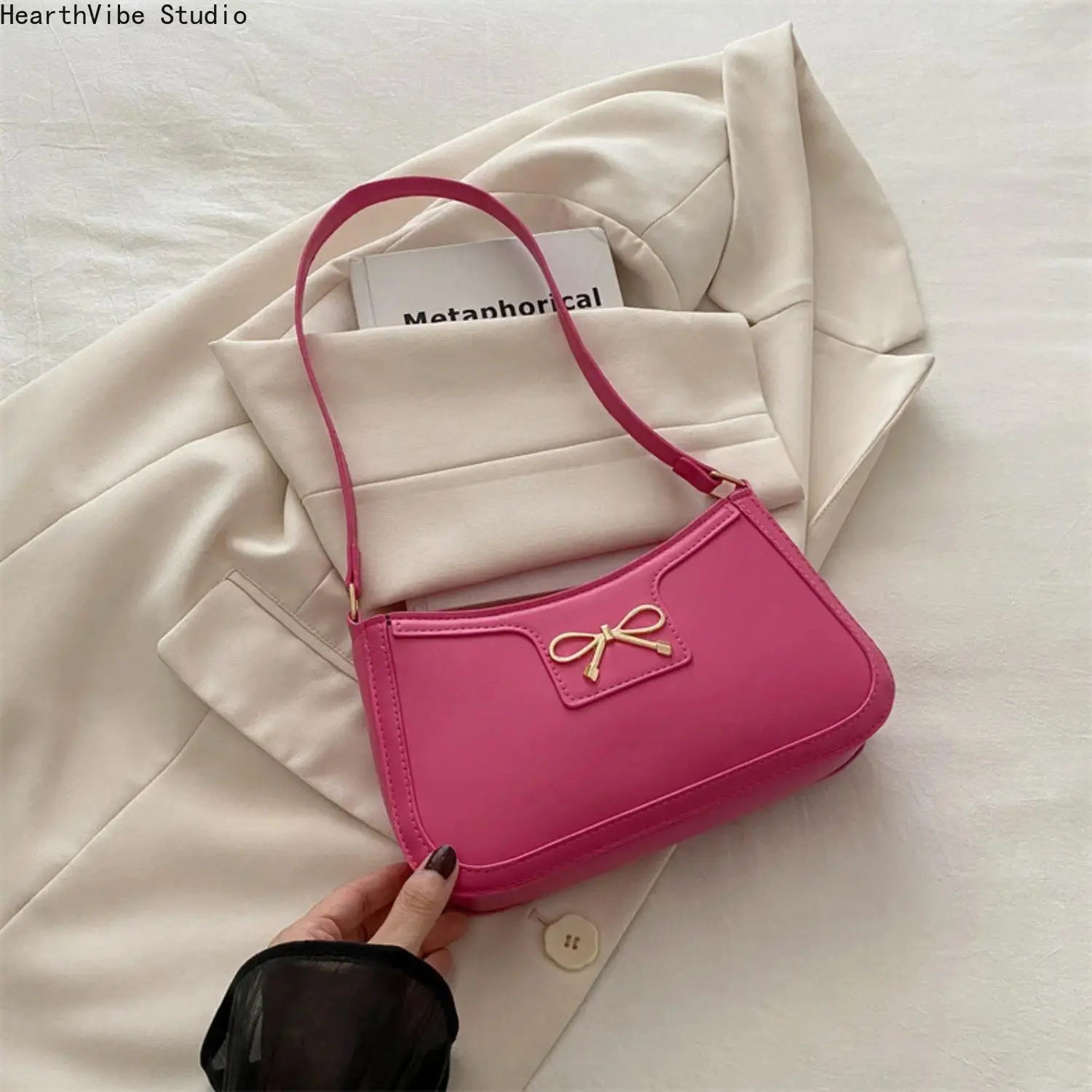 Women's Chic PU Leather Crossbody Bag - Balletcore Solid Design with Ribbon Decor, Versatile for Office-Gym Use, Chic Look Sports & Outdoor Accessory