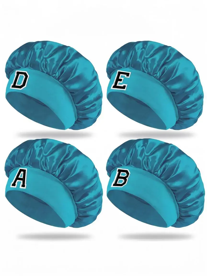 Lake Blue Letter Patch Satin Sleep Cap Sleeping Bonnet for Women, Adjustable Wide Brim Hair Protection, Reduce Frizz, Home Sleeping Essential