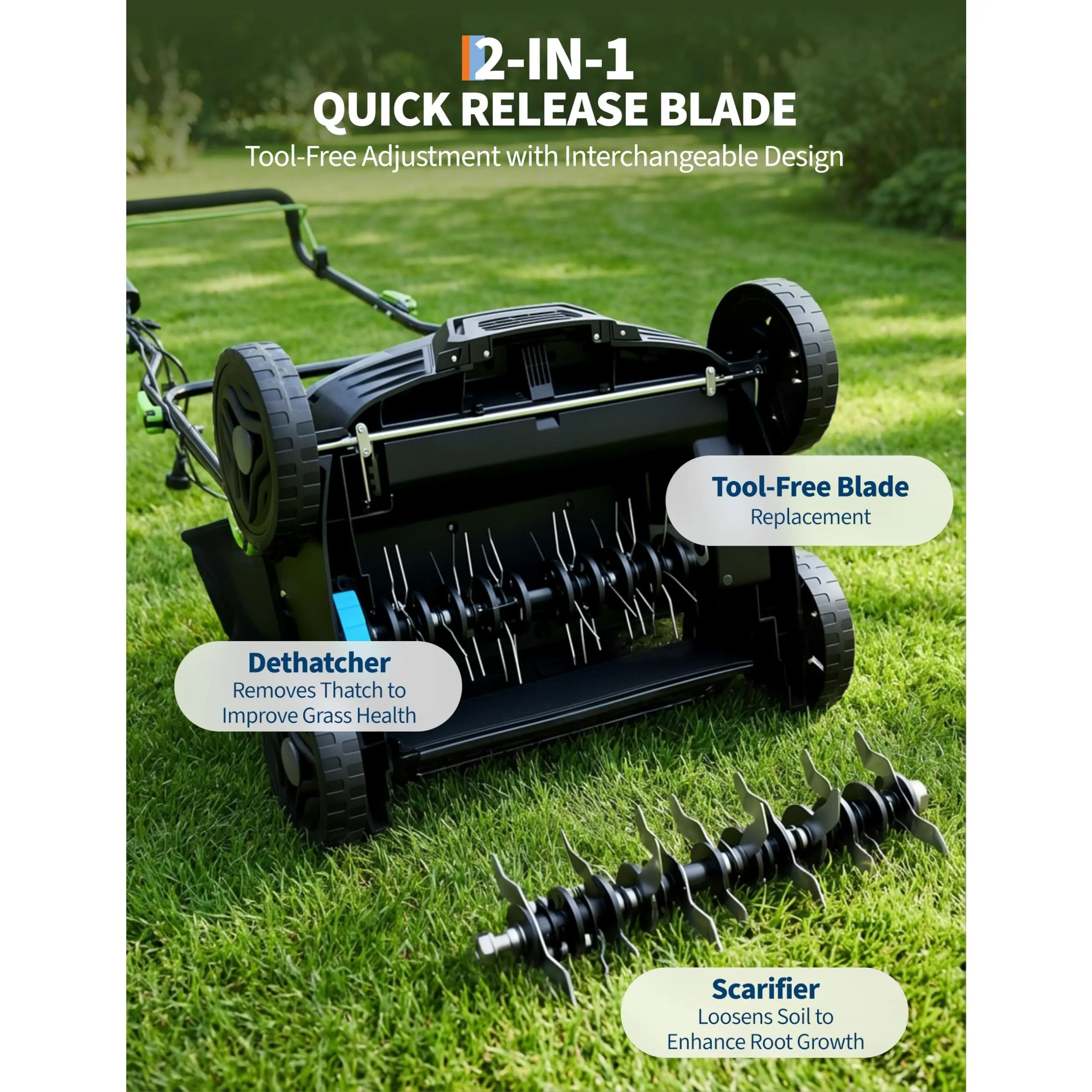 GAOMON High-Torque 15.5 Amp Electric Dethatcher & Scarifier - 14-Inch Steel Blades, 2-in-1 Lawn Aerator, 5 Depth Settings, 14.5 gal Collection Bag, Ideal for Yard & Turf Maintenance
