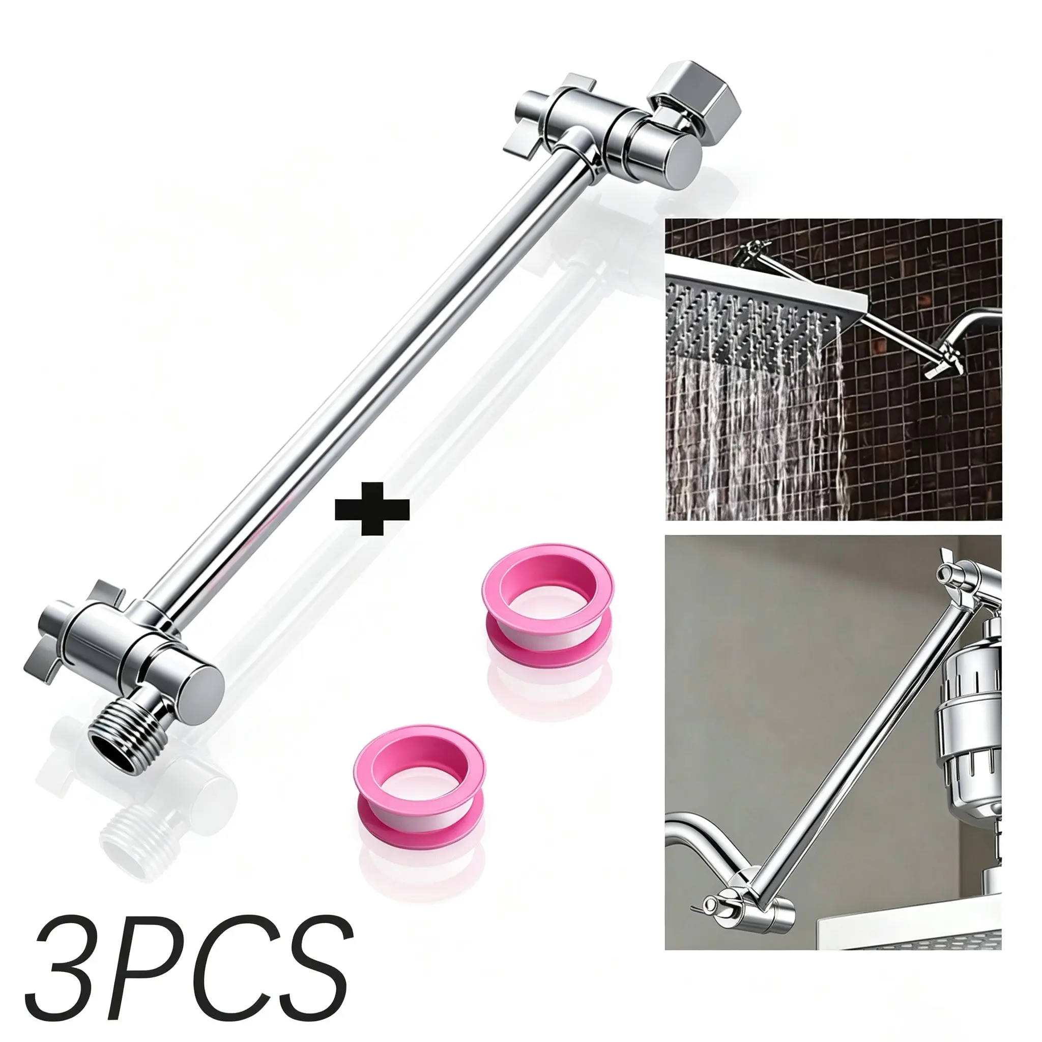 Adjustable Chrome Alloy Shower Head Extension Arm with Shut-Off Valve, Includes 2 Wrap Bands, Essential Bathroom Upgrade