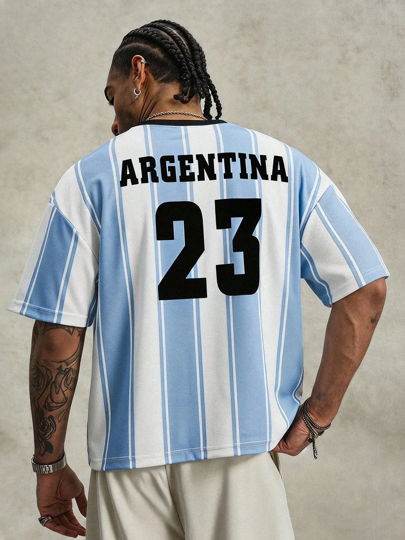 Men's Oversized Argentina 23 Graphic Soccer Jersey, Blue & White Striped Retro Football Shirt, Breathable Streetwear Top, Casual Sporty Top, Fan Sportswear Top, Loose Fit Short Sleeve Tee for Sports, Daily Wear, Gen Z Street Style, Hip Hop & Football Fans