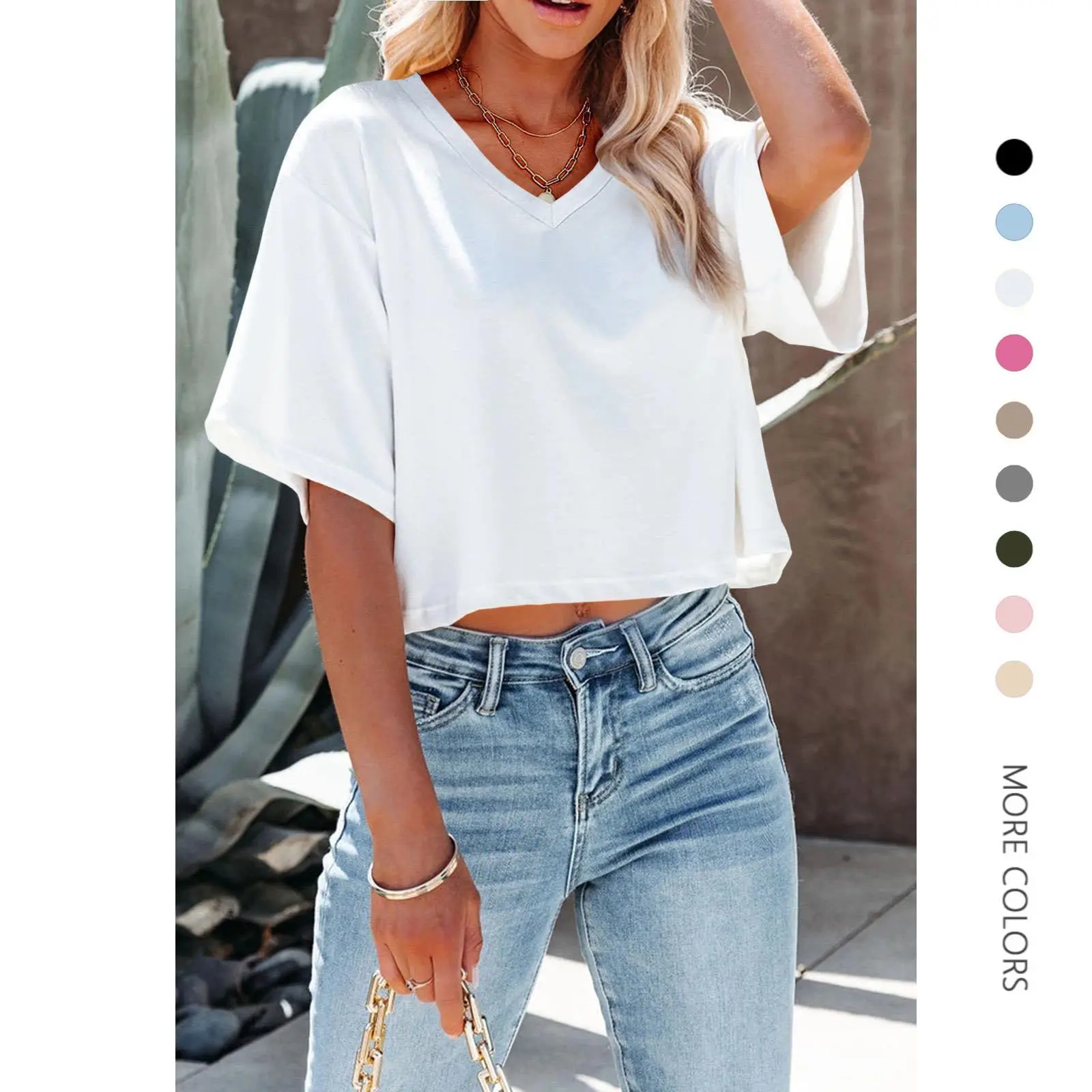 Women's Casual V-Neck Short Sleeve Crop T-Shirt - Plain, Lightweight Drop Shoulder Top for Summer Layering Outfits