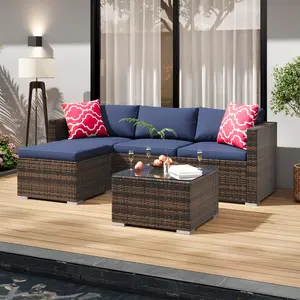 5PCS Modular Wicker Patio Sofa Set | All-Weather Outdoor Sectional with Cushions & Glass Coffee Table for Garden Balcony