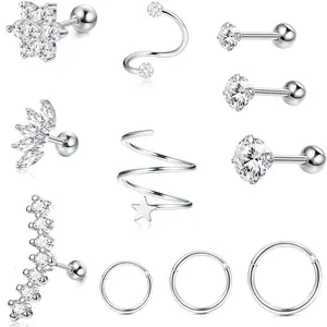 11Pcs 16G/18G Surgical Steel Cartilage Earring Set | Helix, Tragus, Conch Piercing Jewelry | CZ Studs & Hinged Hoops | Hypoallergenic Silver Piercing Kit