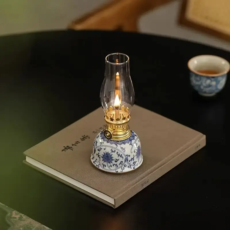 Vintage Metal Finish Blue and Porcelain Oil Lamp, Ceramic Candle Holder for Altar, Decorative Tabletop Light, No Power Required