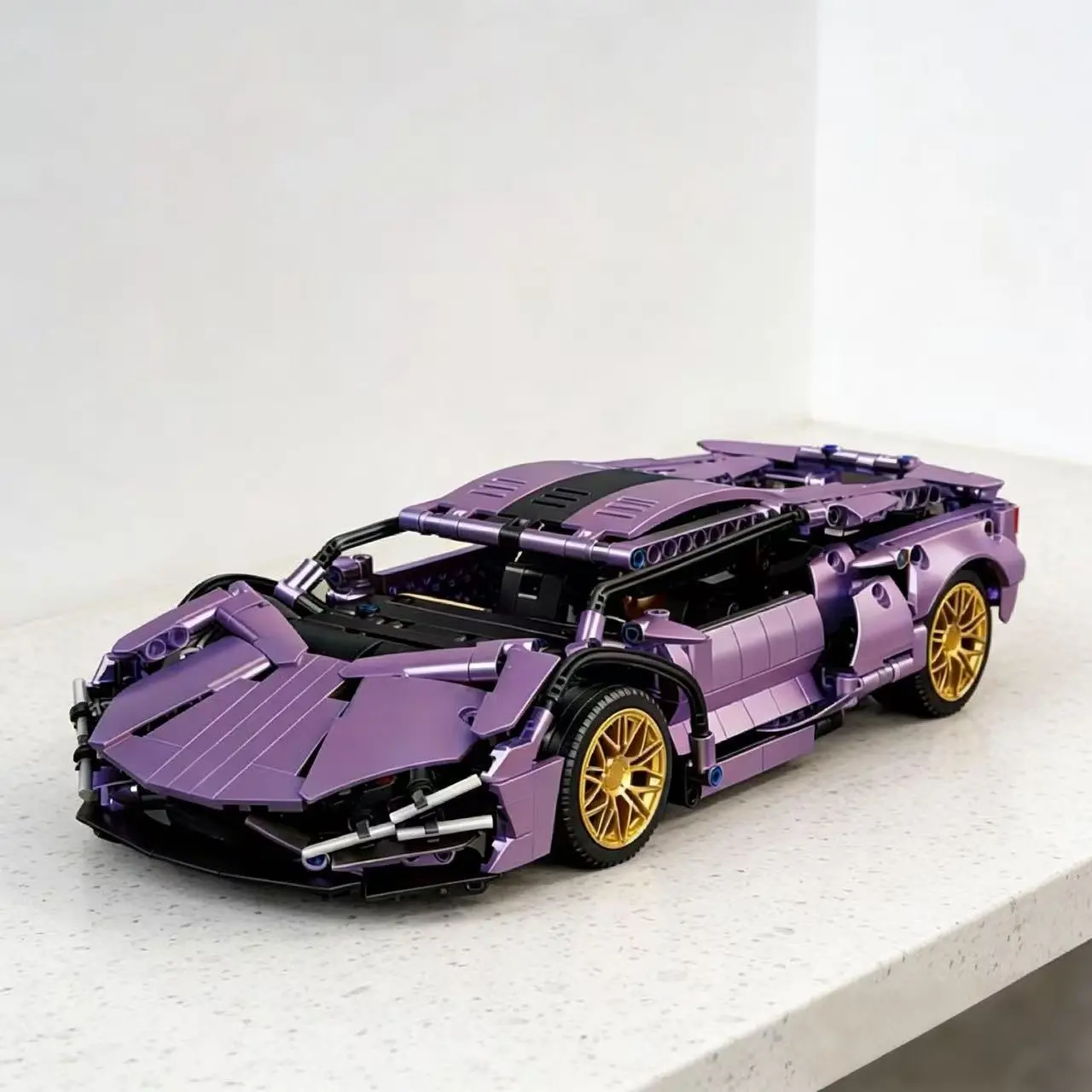 Mechanical Transmission Supercar Model, Manual Door Lift, Adjustable Wheels, Suspension, Soft Lavender Color, Luxury Home Decor