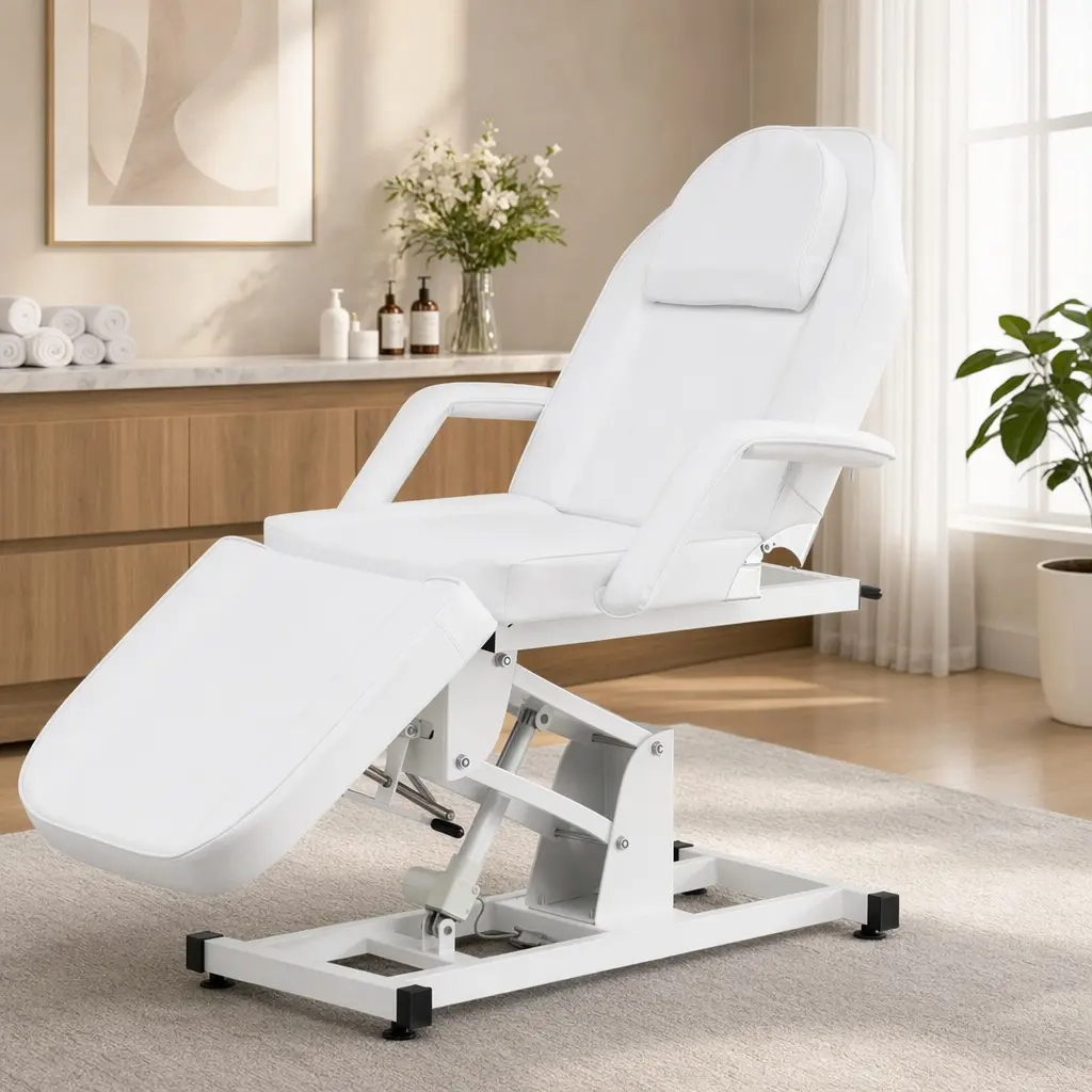 ARCH Electric Foldable Modern Salon Bed - Durable 440LBS Metal Skeleton, Remote Control-Operated, Adjustable Height, Waterproof PU Leather, Foam-Padded, Removable Armrests/Headrest, 72.4x33x27.5in White Frame for Spa, Tattoo, Medical Exams Use