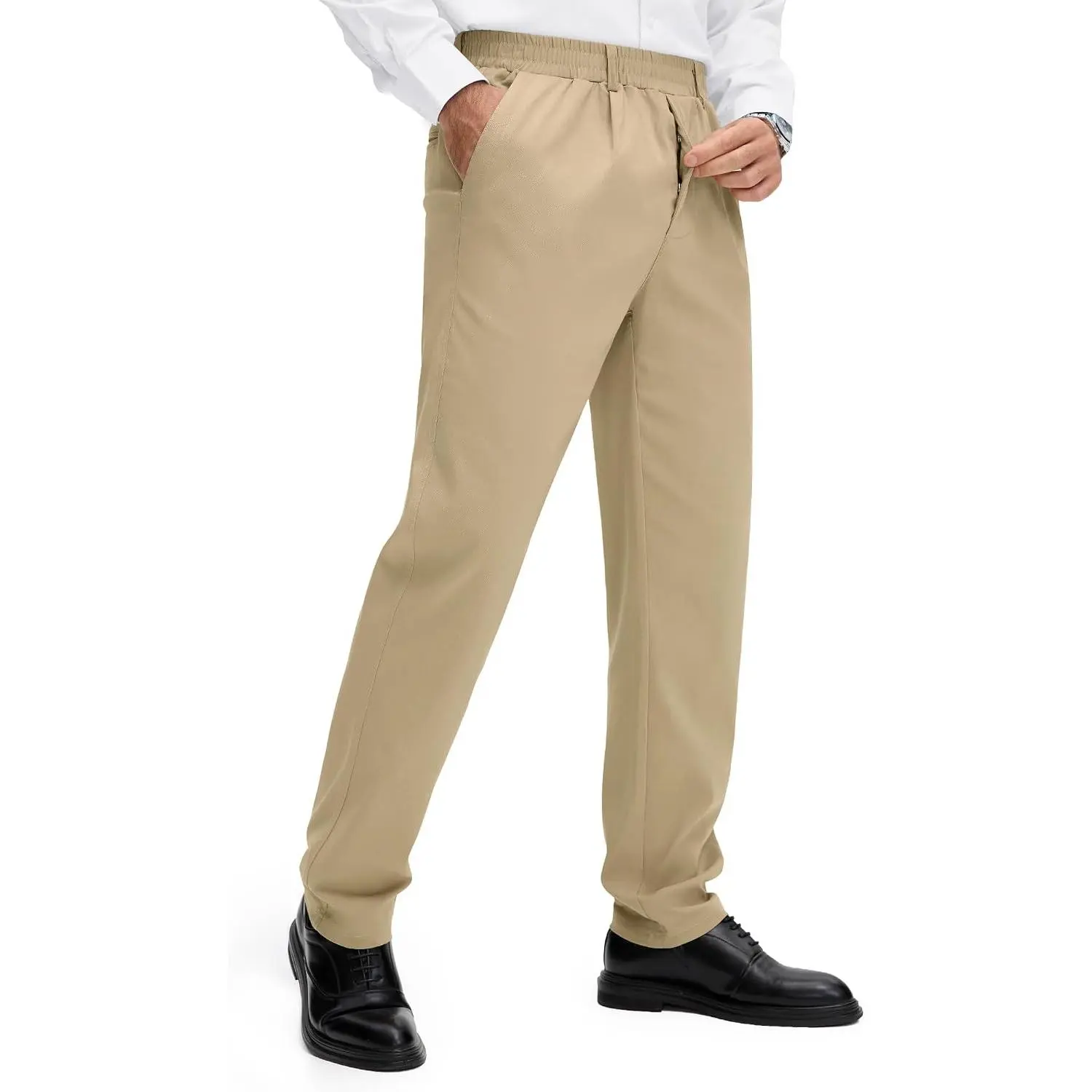 Comdecevis Men's Nylon Spandex Casual Elastic Waist Straight Leg Slacks for Seniors, Magnet Button, Pockets, Lightweight High Stretch, No Iron, Regular Fit, Machine Wash, Lounge & Golf Use