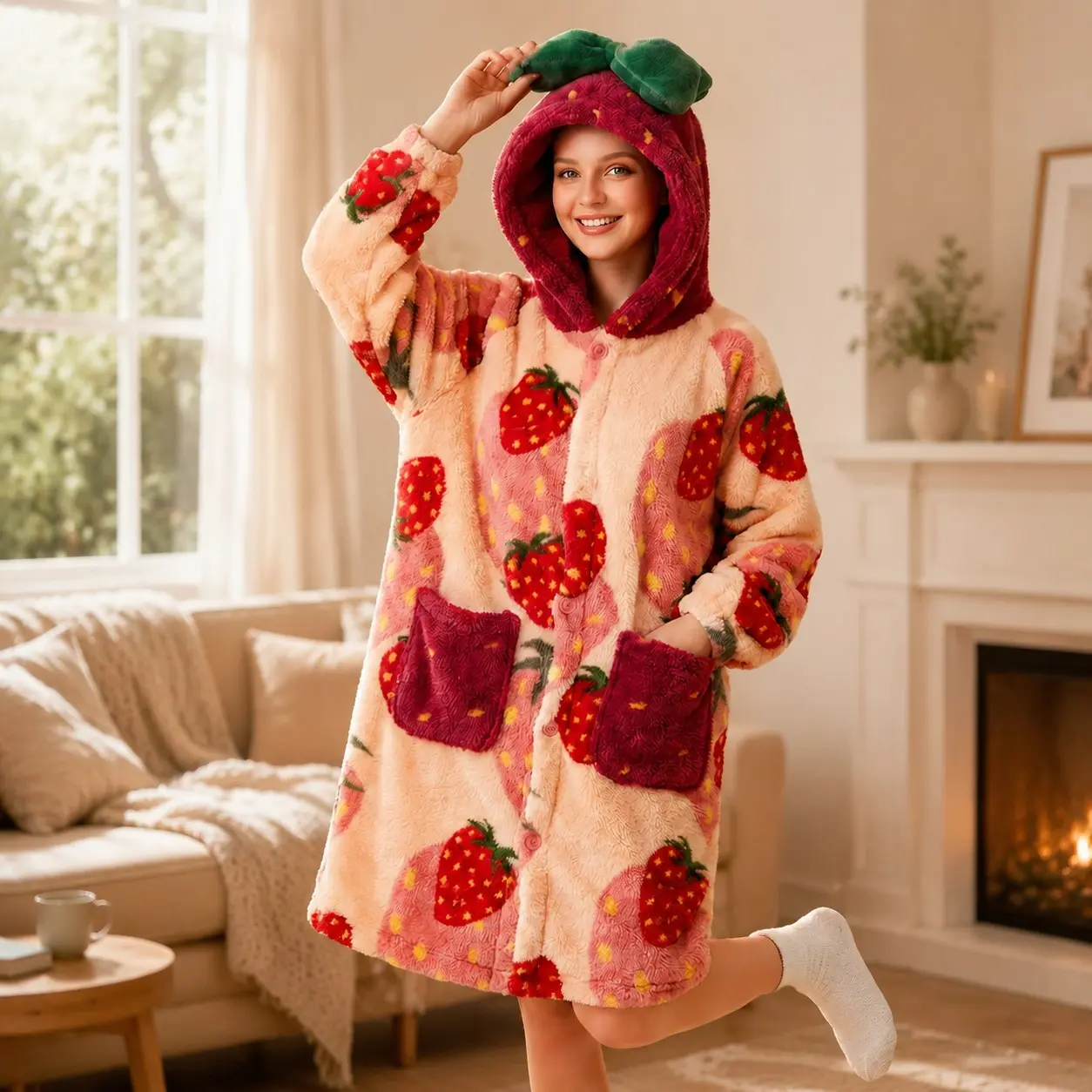 Strawberry Hooded Wearable Blanket for Men & Women, Ultra Soft Flannel Fleece, Warm Plush Bed Blanket Robe, Lightweight Cozy Loungewear