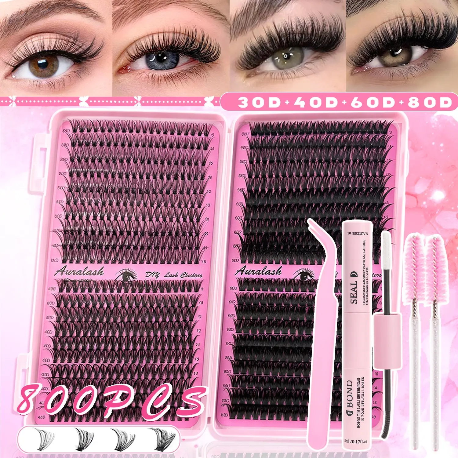 DIY Lash Extension Kit 30D40D All-in-One Box, Diy Lashes Cluster, 9-16mm D curl Soft Volume Individual False Lashes with Gentle Bond & Seal, Tweezers Included, Easy Apply, Beginner Friendly Eyelashes, Natural Look Eye Makeup Kit for Women, Lash Glue
