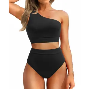 Holipick Women One Shoulder High Waisted Bikini Sets Two Piece Swimsuit Tummy Control Bathing Suit Full Coverage Swimwear
