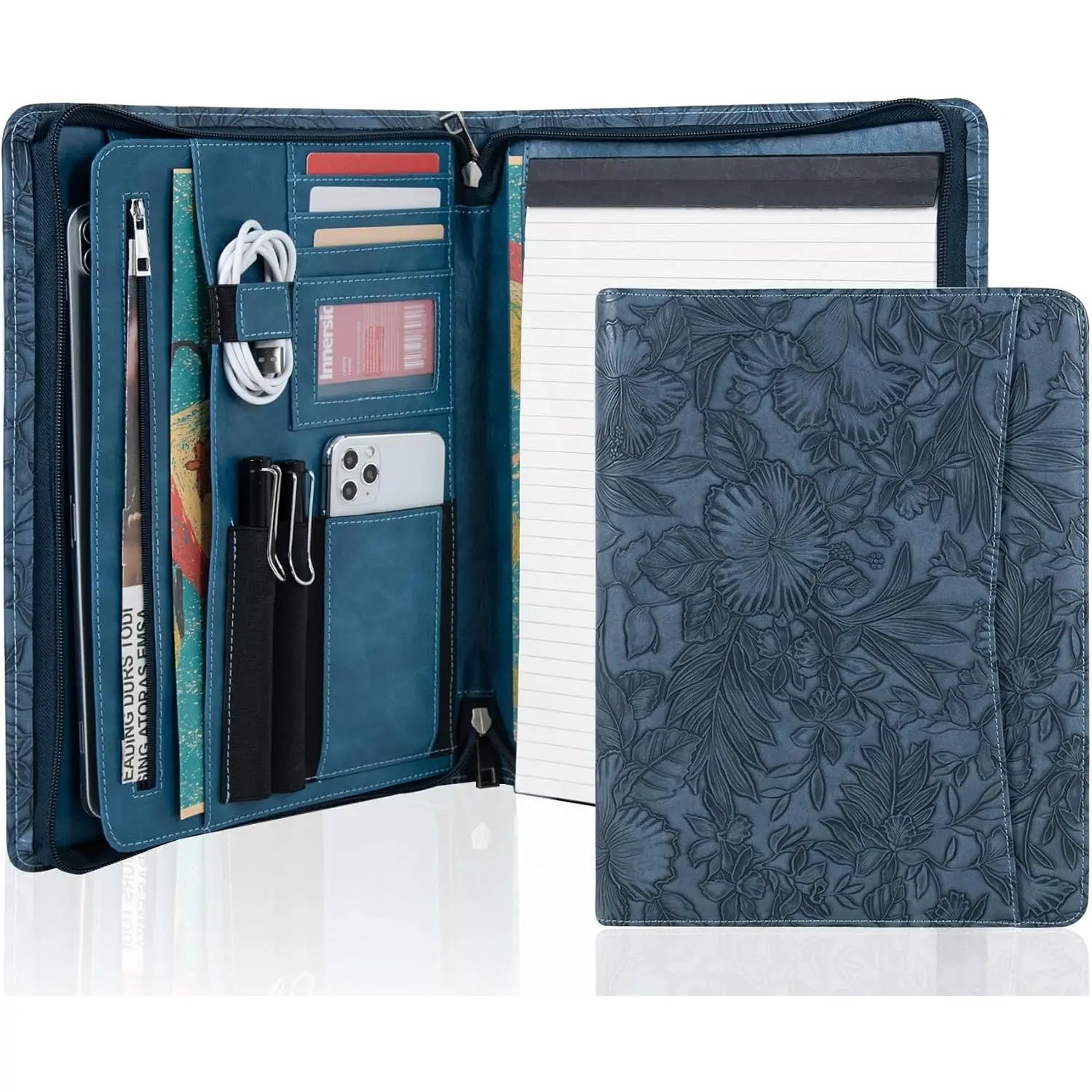 Embossed Leather Padfolio for Women, Professional Business Portfolio Organizer with A4 Notepad Holder, Zippered Portfolio Binder Fits 13" Ipad/Tablet, Perfect Gift for Women