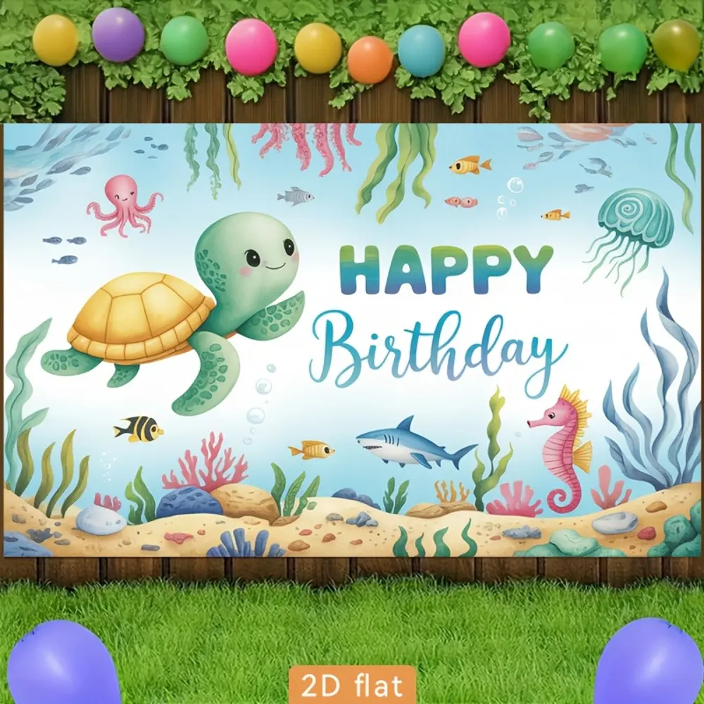 Under-Sea Birthday Party Themes Flat Print Polyester Photography Backdrop, 2D HD Digitally Printed Soft Lightweight Foldable Cloth for Parties, Portrait Photos