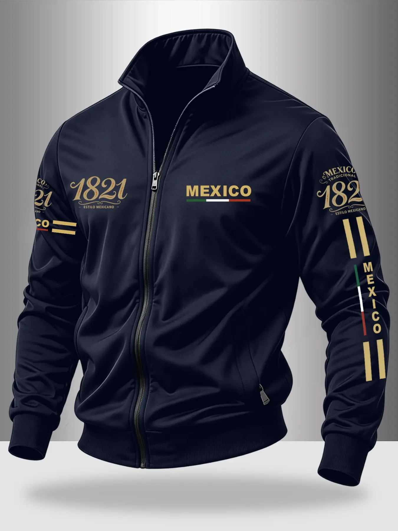 Men's Mexico Flag Striped Stand Collar Jacket, Business Casual Windproof Coat, Smooth Zipper Letter Print, Daily Commute, Light Sports