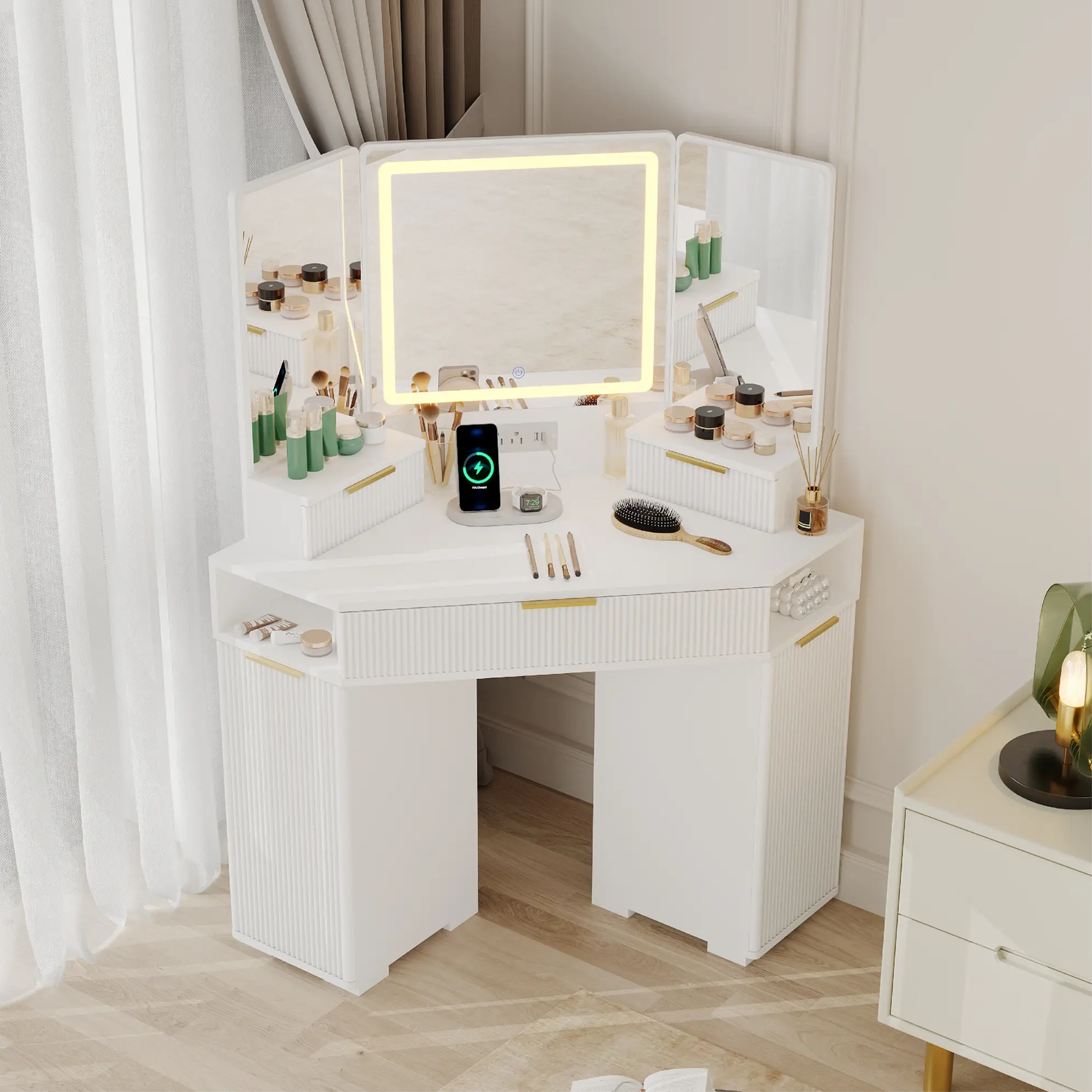 Space-Saving Corner Vanity Desk with Lighted LED Mirror – Fluted Makeup Table, Drawers, Charging Station, USB Port, Storage Cabinets – Modern Bedroom Makeup Vanity – Triple Mirror, 3 Lighting Modes