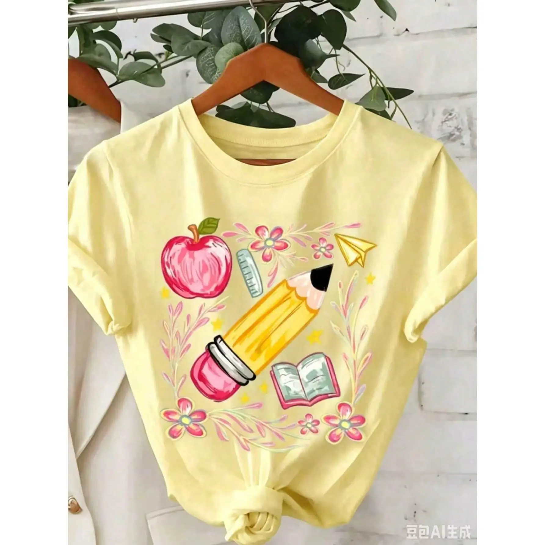 Floral Pattern Teacher Graphic T-Shirt, Cute Teacher Back To School Top, Y2K Style Women's Casual Round Neck Short Sleeve T-Shirt, Women's Autumn Back