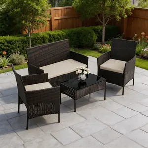 Outdoor Wicker Patio Conversation Set 4 Piece Brown Rattan Furniture with Beige Cushions, Glass Coffee Table, Loveseat and 2 Armchairs for Backyard, Deck, Porch, Balcony