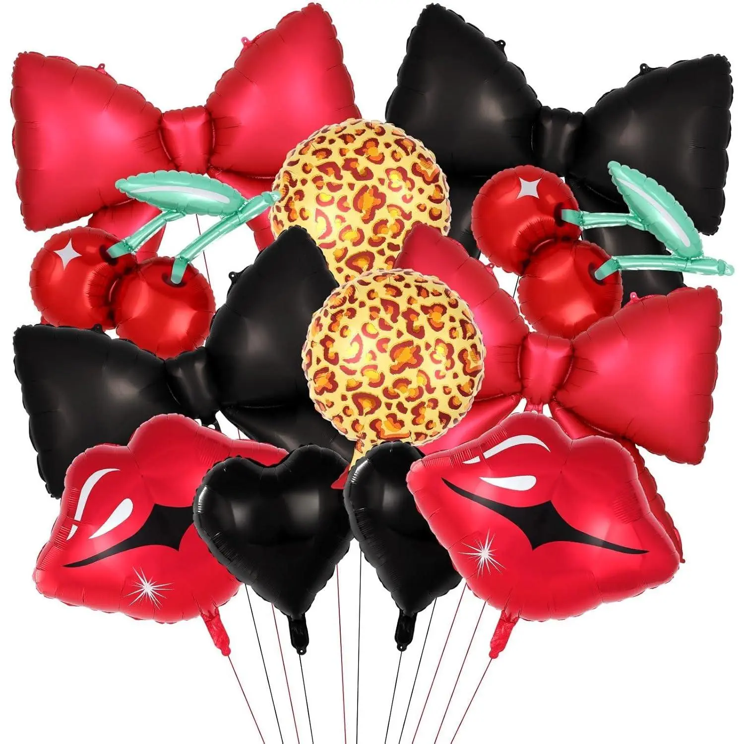 12 count Red and Black Foil Balloon Kit, Red Lip Cherry Bow Black Heart Leopard Print Balloons, Red Lip and  Balloons for Women's Birthday Party,  Shower, Bachelorette Party