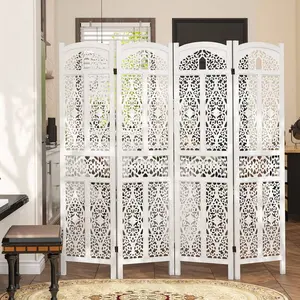 Legant 4-Panel Room Divider Screen, Hand-Carved Floral Design, White And Burnt Walnut, Wooden Privacy Partition For Home And Office, Folding Decorative Screen With Grid Pattern