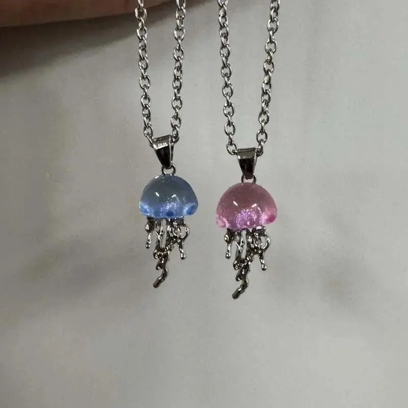 Fashion Blue Pink Jellyfish Pendant Necklace for Women Vintage Couple Elegant Long Tassels Charms Necklace Y2K Jewelry Gifts