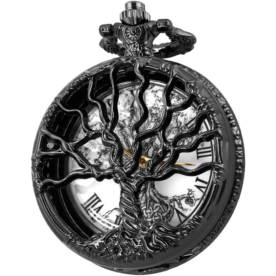 Women's Classic Compact Quartz Pocket Watch, Hollow Tree of Life Design, Roman Numerals, Chain Included, Black Birthday Gift for Fashion Accessories Enthusiasts