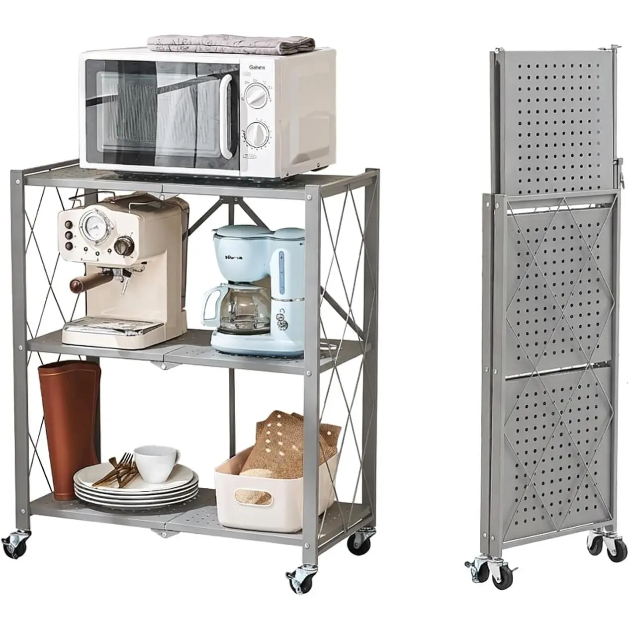 3-Tier Foldable Storage Shelves with Wheels, No Assembly Folding Shelf Metal Rack, Shelving Unit for Kitchen, Garage, Gray