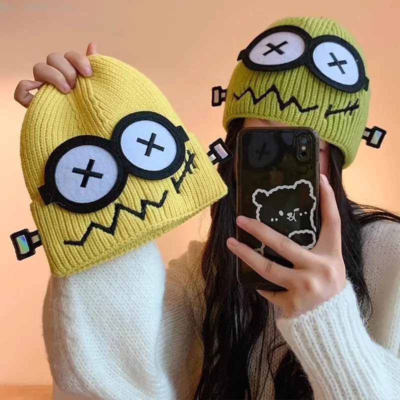 Women's Cute Cartoon Knit Beanie - 1-Size Soft Warm Windproof Headwear for Autumn Winter Daily Outdoor Use, Female, Casual, Knitted Fabric, Cartoon Print, Windproof Cover
