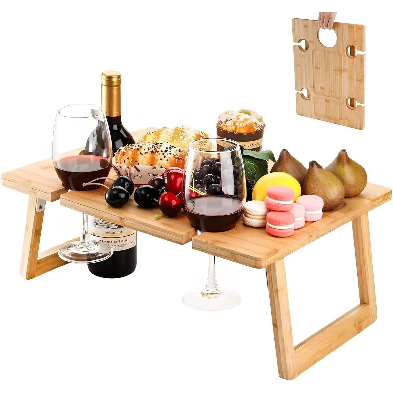 Portable  Picnic Table, Foldable Champagne Picnic Snack Table Tray, Wooden Outdoor Picnic Table with Glass Holder for Park, Beach, Camping, Bed,  Lover