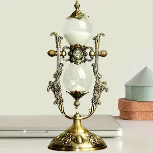 Brass Decorative Sand Timer with Vintage Carved Frame, Rotating Metal Hourglass for Kitchen, Unique Home Office Desk Gift