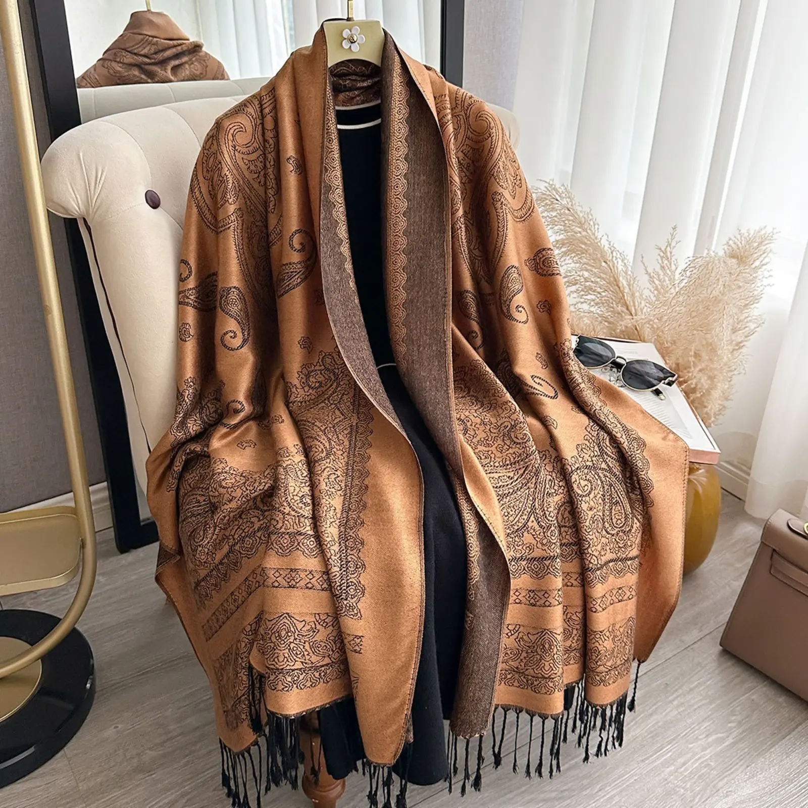 Women's Paisley Print Shawl Wrap, Warm Cashmere-Feel Boho Cape, Oversize Winter Scarf with Tassel Ends and Scallop Border, Warmth