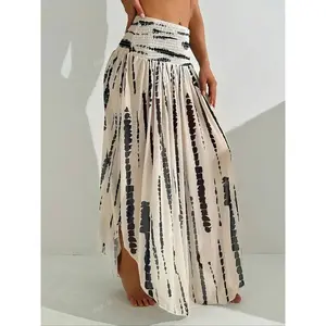 Women's Boho Bohemian Print Knit Waist Cinched Long Skirt, High Gram Weight Hem, Spring Summer Fashion Versatile Piece, Shirred Design