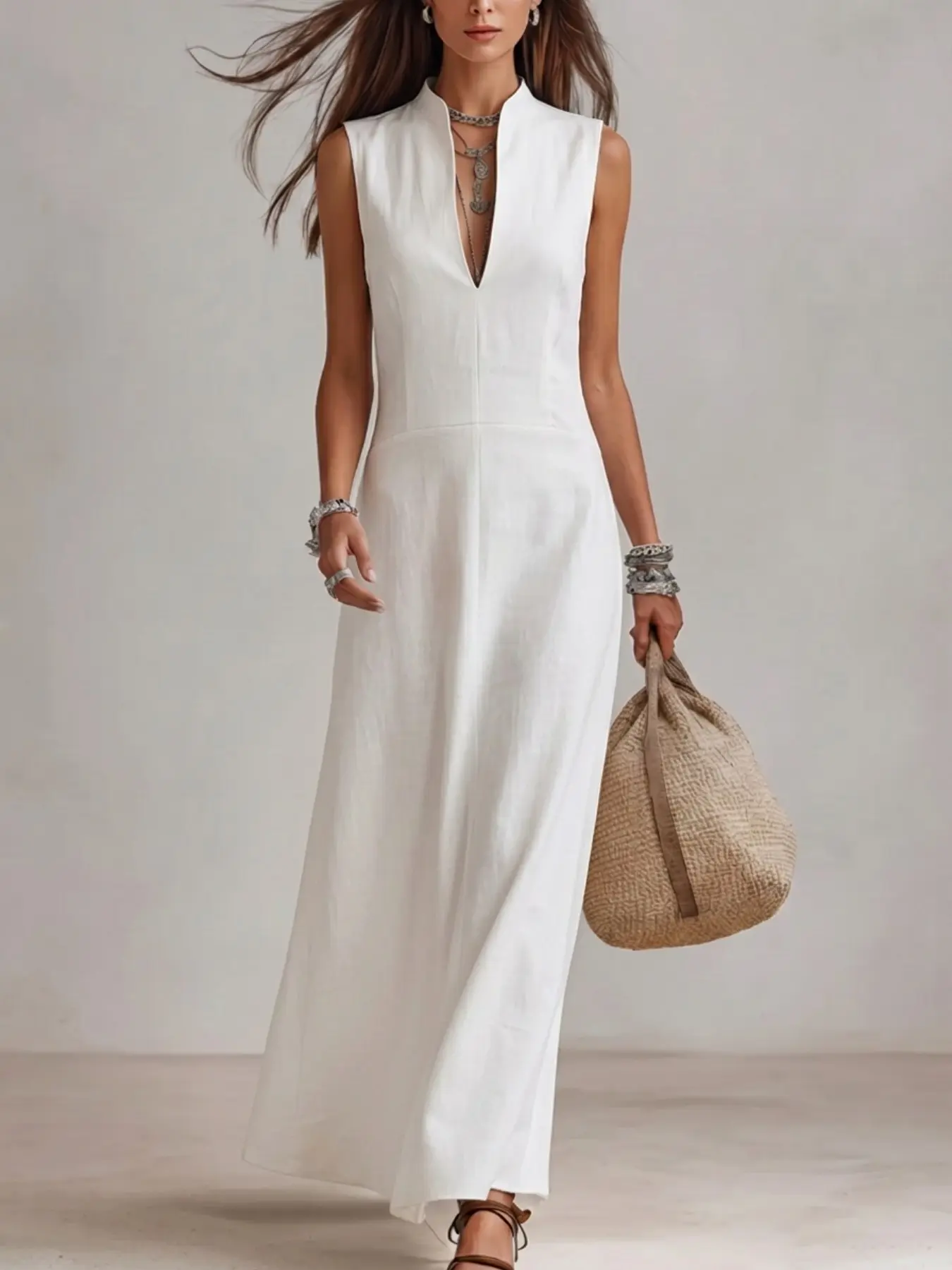 Stand Collar Sleeveless V Neck Waist Cinch Split Long Dress, Elegant Casual Vacation Dress, Minimalist Style for Spring Summer