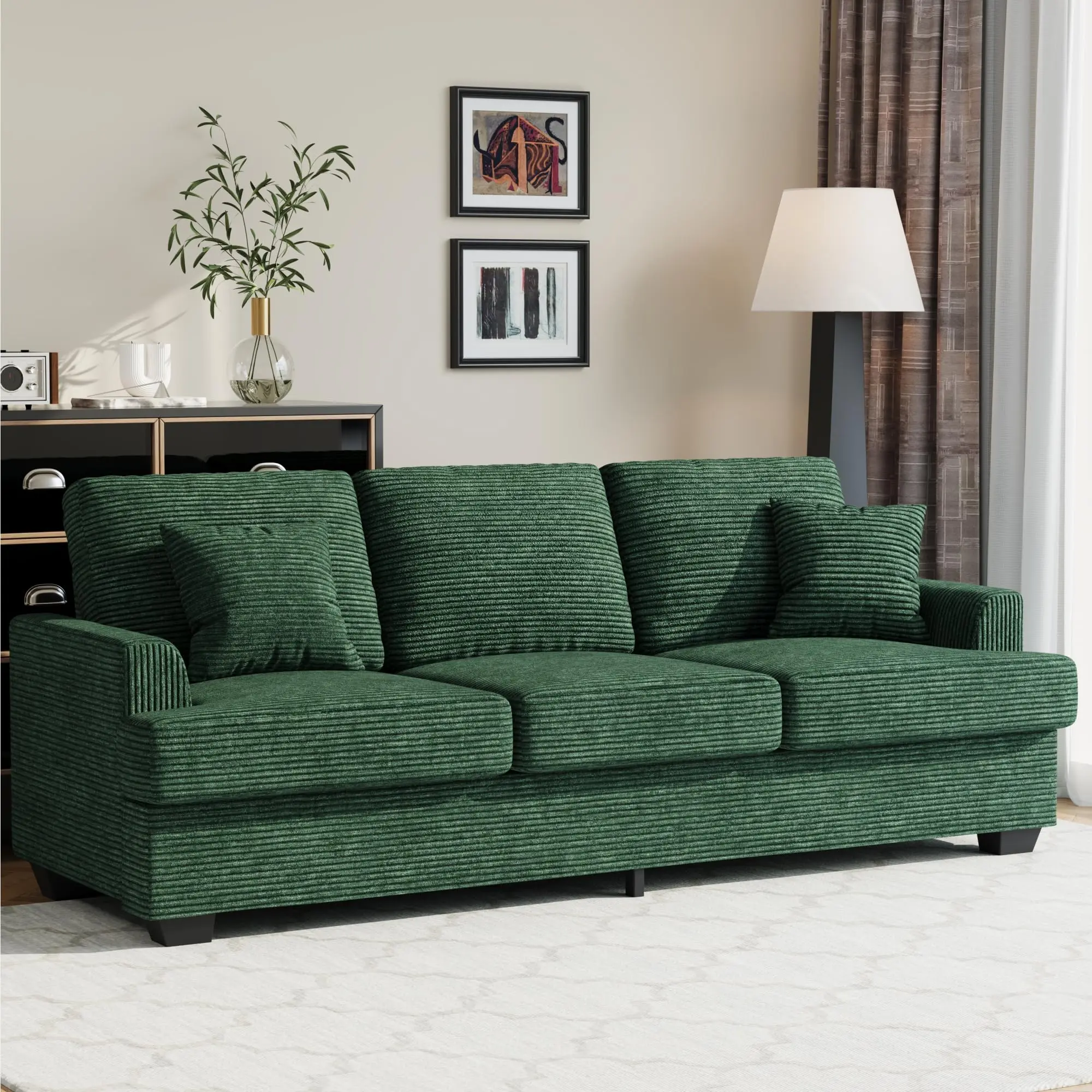 Garvee Modern 86" Corduroy Sofa with Deep Seat, Upholstered Cushion, Removable Cover, and 2 Throw Pillows - Comfortable Green Couch Perfect for Small Space Apartments and Lounges
