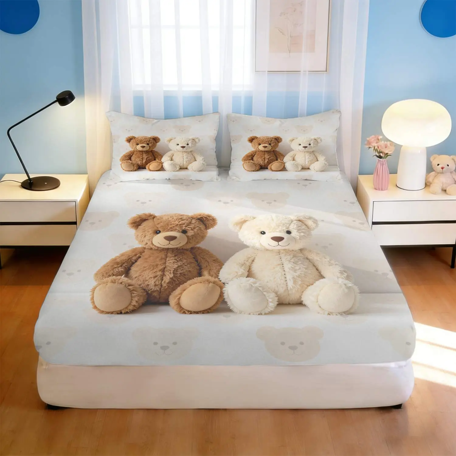 3pcs Fitted Sheet Soft, Bed Sheets, Teddy Bear Theme, Bedding Set, Brown & Beige, Cute Bear Print, Nursery Bedding(1 Fitted sheet+2 pillowcases, Without Core)