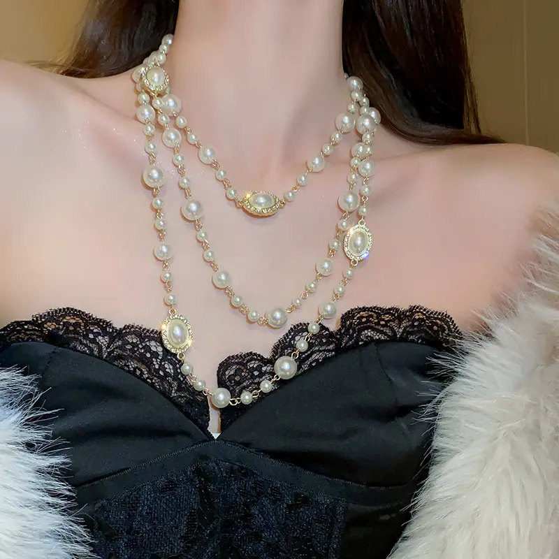 Women's Imitation Pearl Necklace - Exaggerated Long-Length, Multi-Layered Light Luxury Niche Costume free kiss Jewelry for Qipao, Sweaters