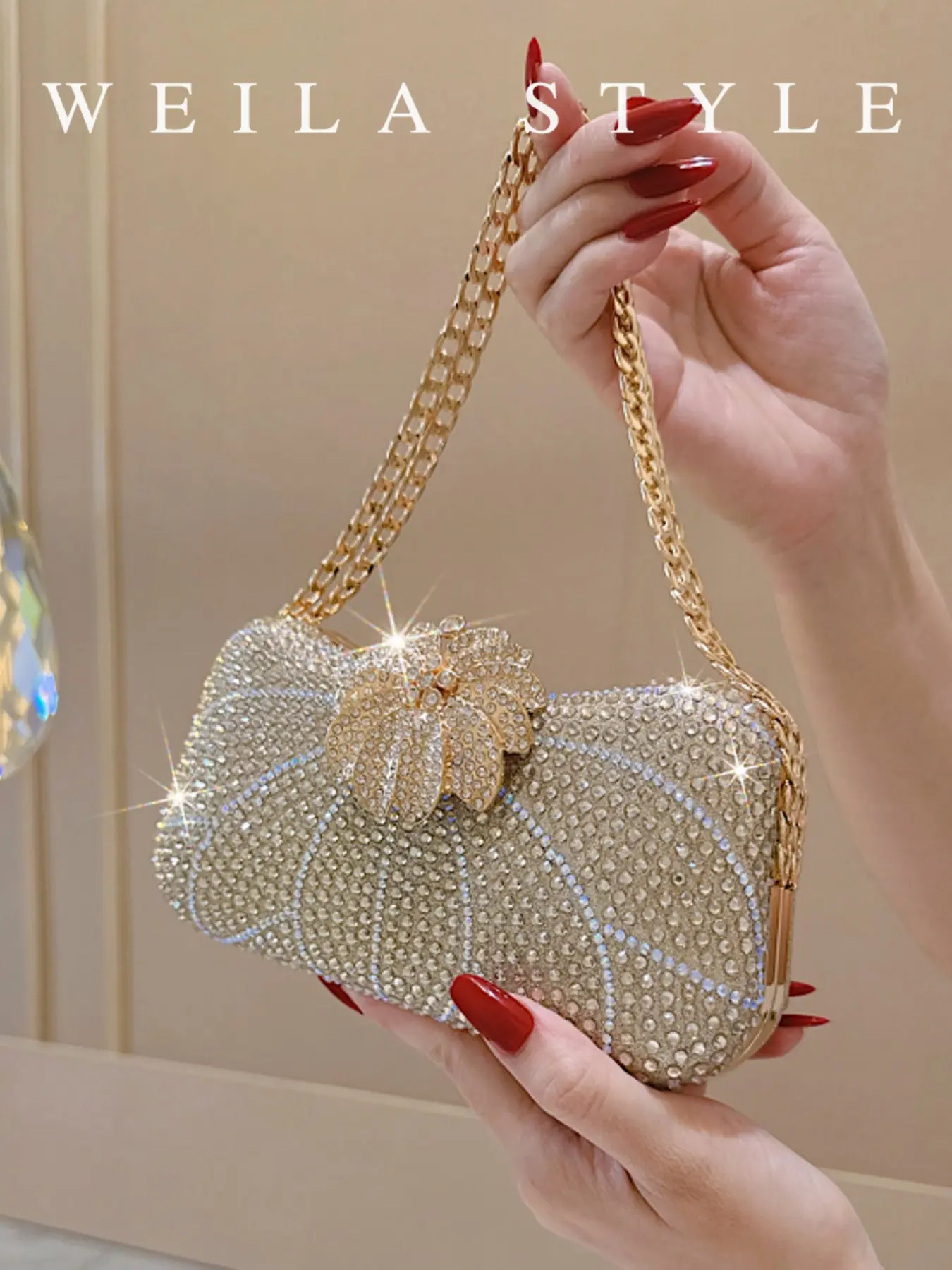 Rhinestone Flower Lock Box Clutch, Elegant Party Bag, All-Season Solid Style, Perfect for Weddings and Business Events