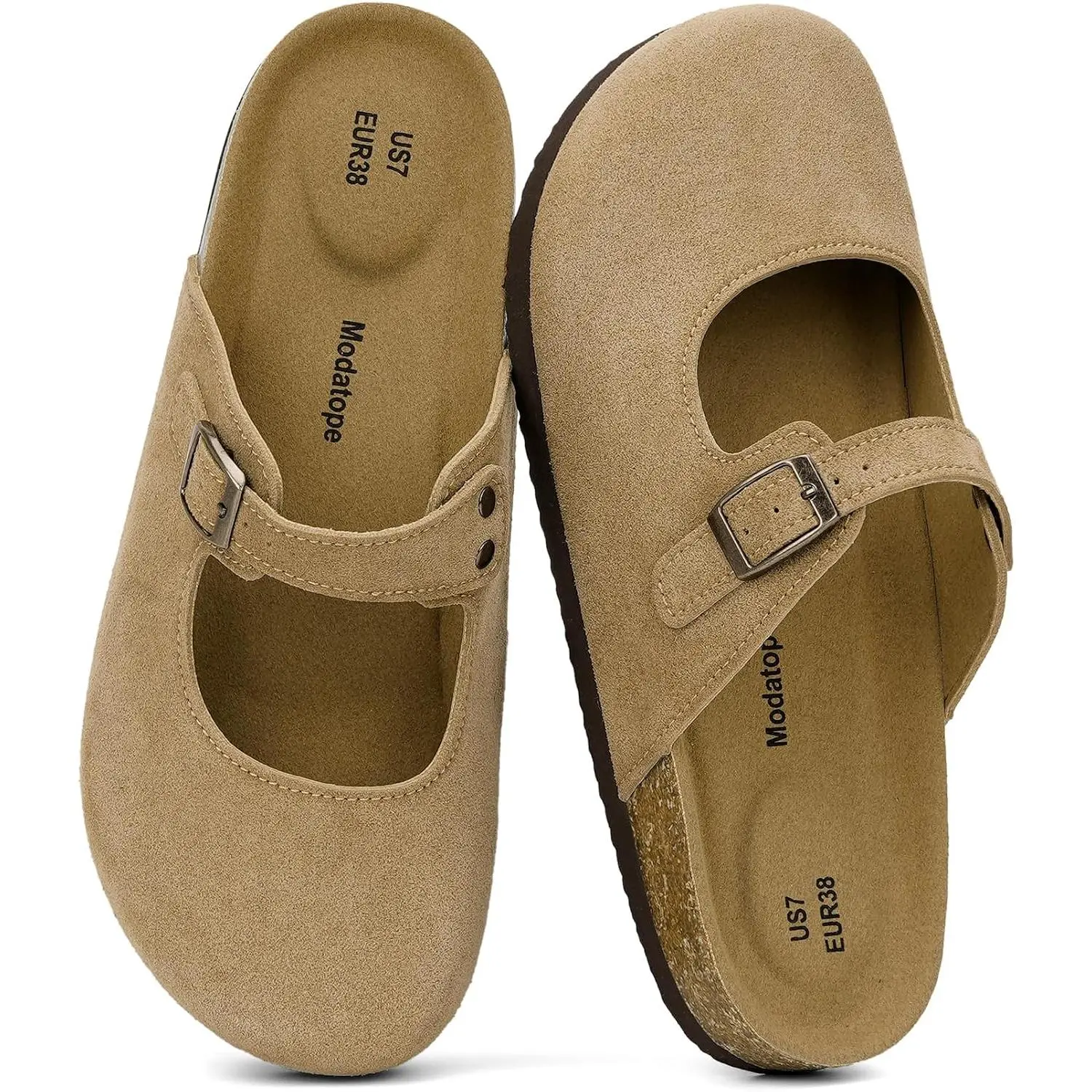 Modatope Women Mary Jane Clogs Faux Suede Cork Footbed Mule Closed Toe Flat with Adjustable Buckle Arch Support Memory Foam Deep Heel Cup Insole Potato Shoes for Casual Daily Outfits