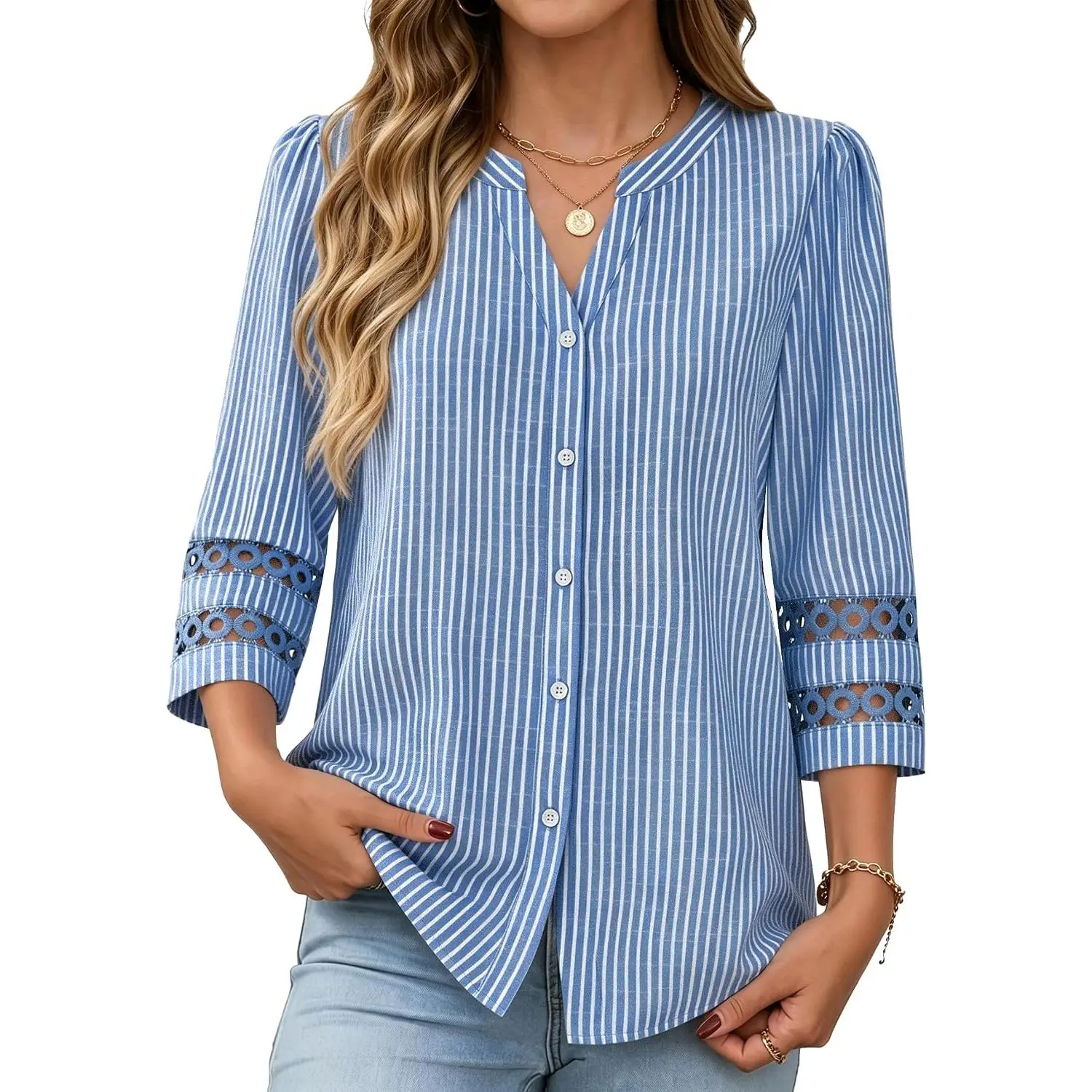 Funlingo Women's 3/4 Length Sleeve V Neck Shirts Eyelet Lace Cuff Work Blouses for Women sohochic