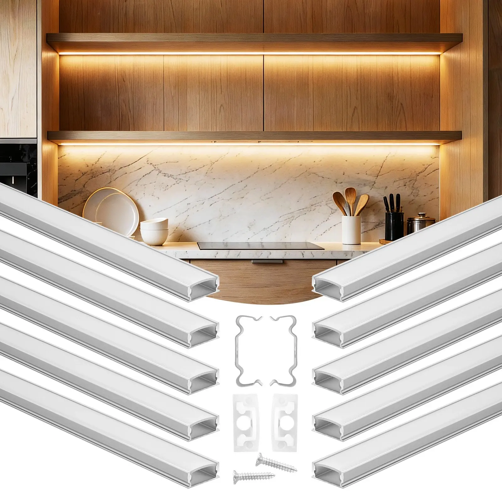 VEVOR 10-Pack 6.6 ft/2M U Shape LED Aluminum Channel, with Milky Cover, End Caps and Mounting Clips, Aluminum Profile for LED Strip Light Installations, Easy Installation, for Under Cabinet Counter
