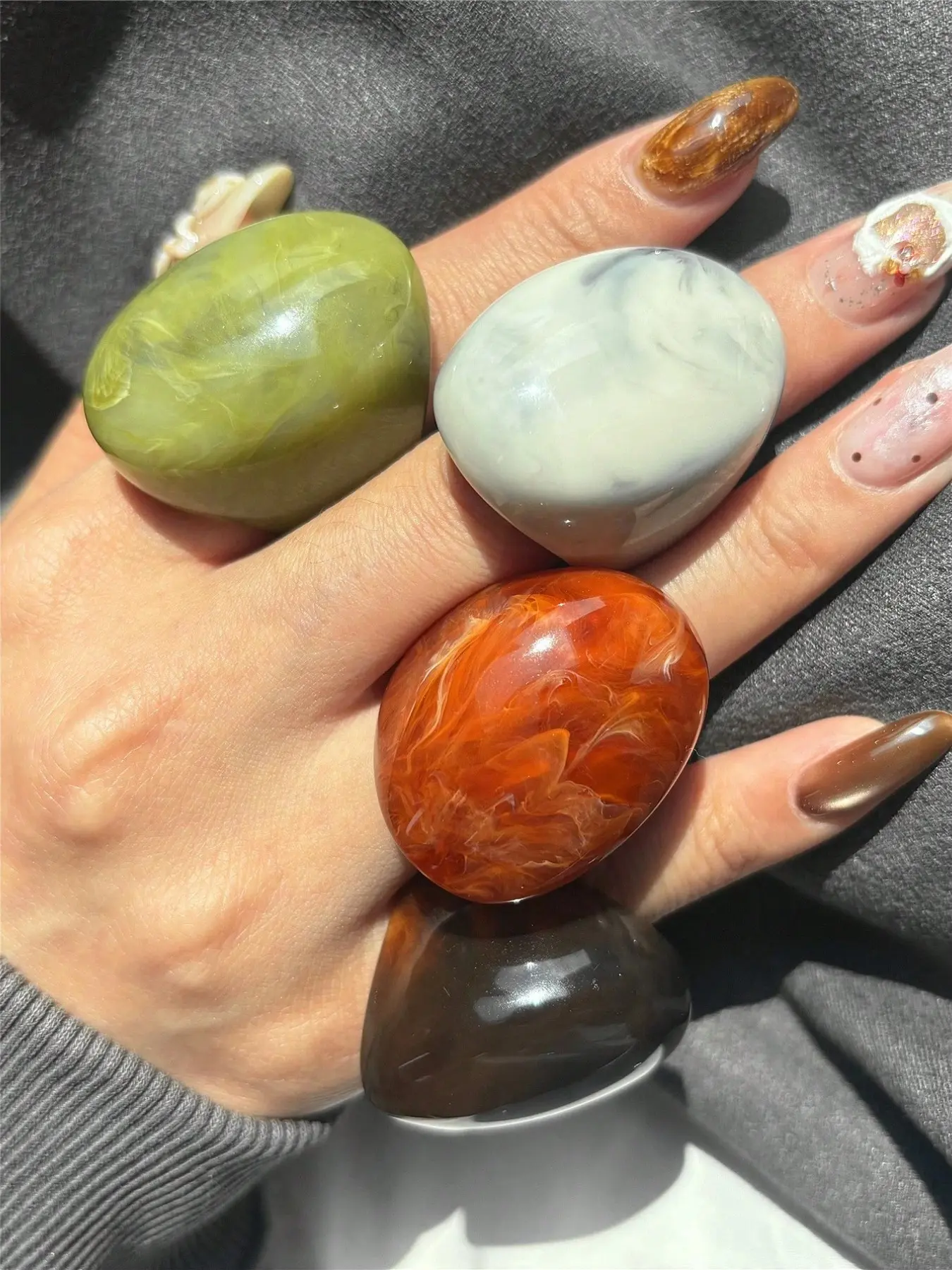 4 Pcs Vintage Geometric Minimalist Resin Ring Set, Colorful Oversized Oval Rings, Boho Jewelry Accessories for Women, Daily Wear, Festive, Party