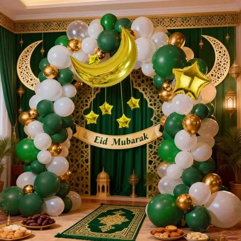 106Pcs Eid Mubarak Balloon Arch Kit, Dark Green and White Gold Latex Balloons, with Moon and Star Foil Balloon Decorations, for Ramadan Festival Party Decoration, Eid Celebration Decoration