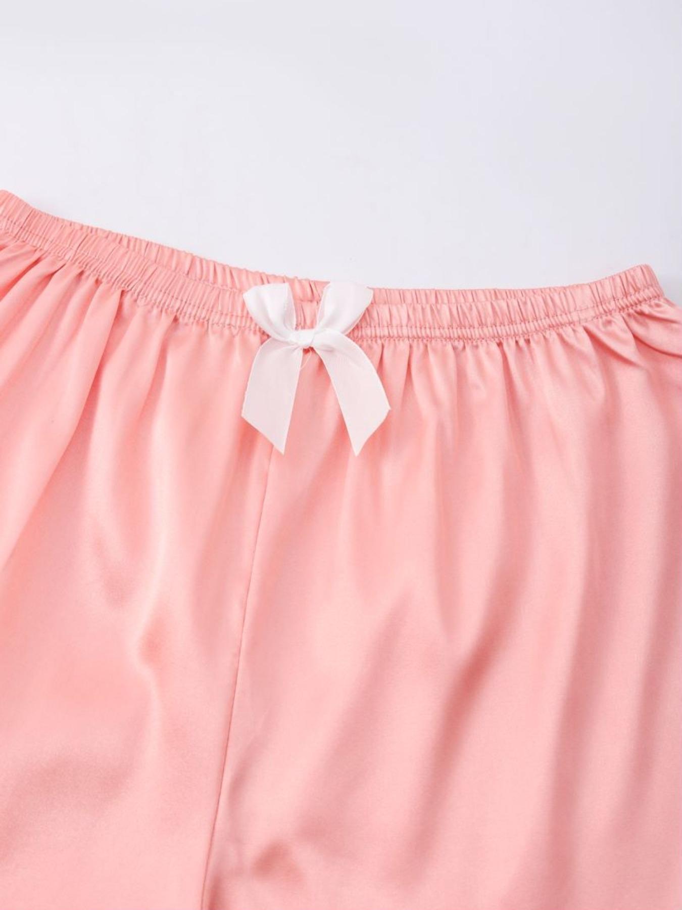 Women's Solid Contrast Binding Bow Decor Pajama Set, Short Sleeve Button Front Lapel Shirt & Shorts Pj Set, Ladies Summer Sleepwear & Loungewear