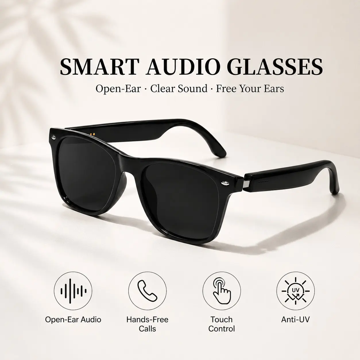 Smart Glasses, Wearable Smart Glasses, Multifunctional Smart Glasses, Bluetooth Open-Ear Audio Sunglasses with Wireless Music, Hands-Free Calling, Touch Control, Voice Assistant, Bluetooth Glasses for Men Women