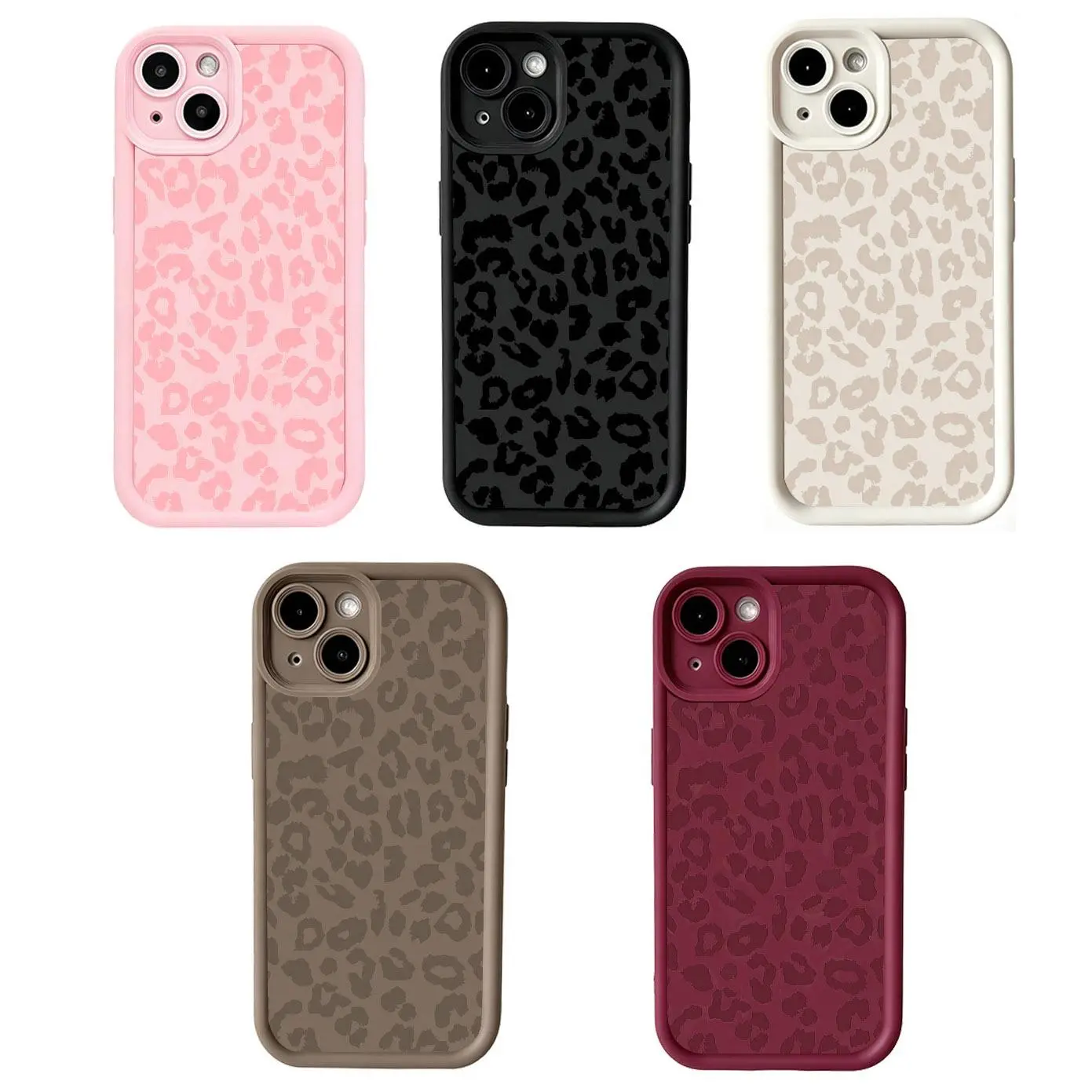 5-Pack Cute Phone Case for iPhone 17/16/15/14/13/12/11 Pro, Plus, Pro Max, mini, X, XS, XSMAX, Air, 16e, 17e Series, Leopard Cheetah Print Pattern, Gaozhu Aesthetic Shockproof Soft Slim TPU Full Camera Lens Protective Phone Cover, Black, Pink, Ivory, Wine